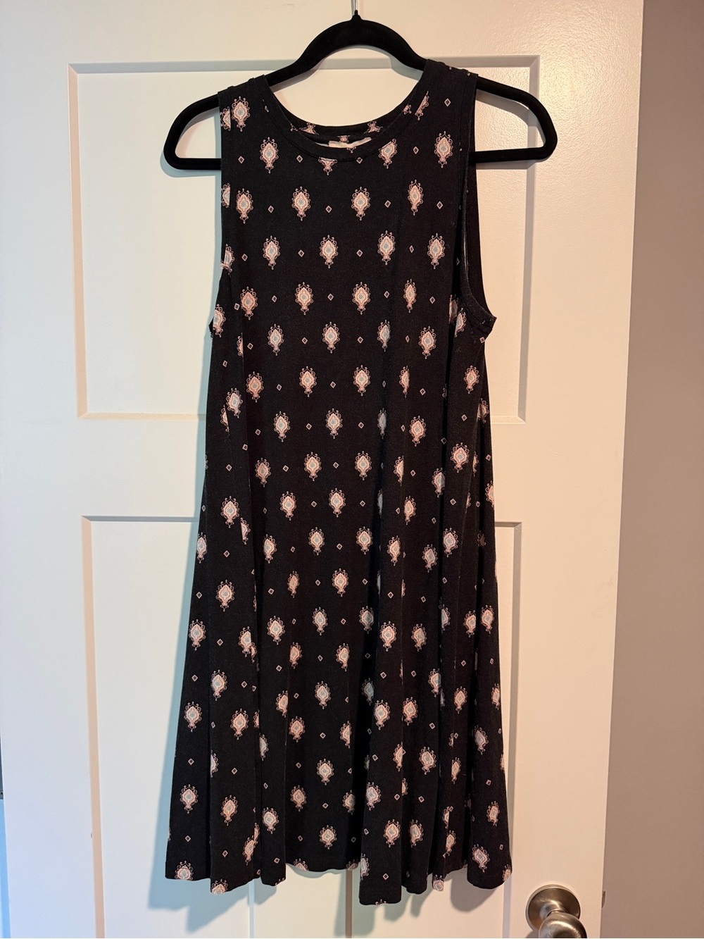LOFT Black Sleeveless Swing Dress with Pale Pink Motif